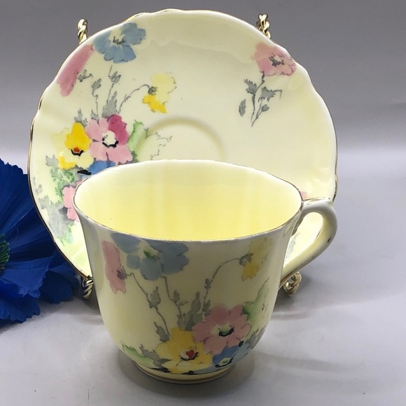 Crown Staffordshire Teacup & Saucer Pale Yellow w/Blue, Pink, and Yellow Flowers - Picture 5 of 10